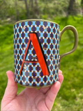 Anthropologie Parker Monogram Mug Letter A Bee Geometric Blue Purple Gold NEW